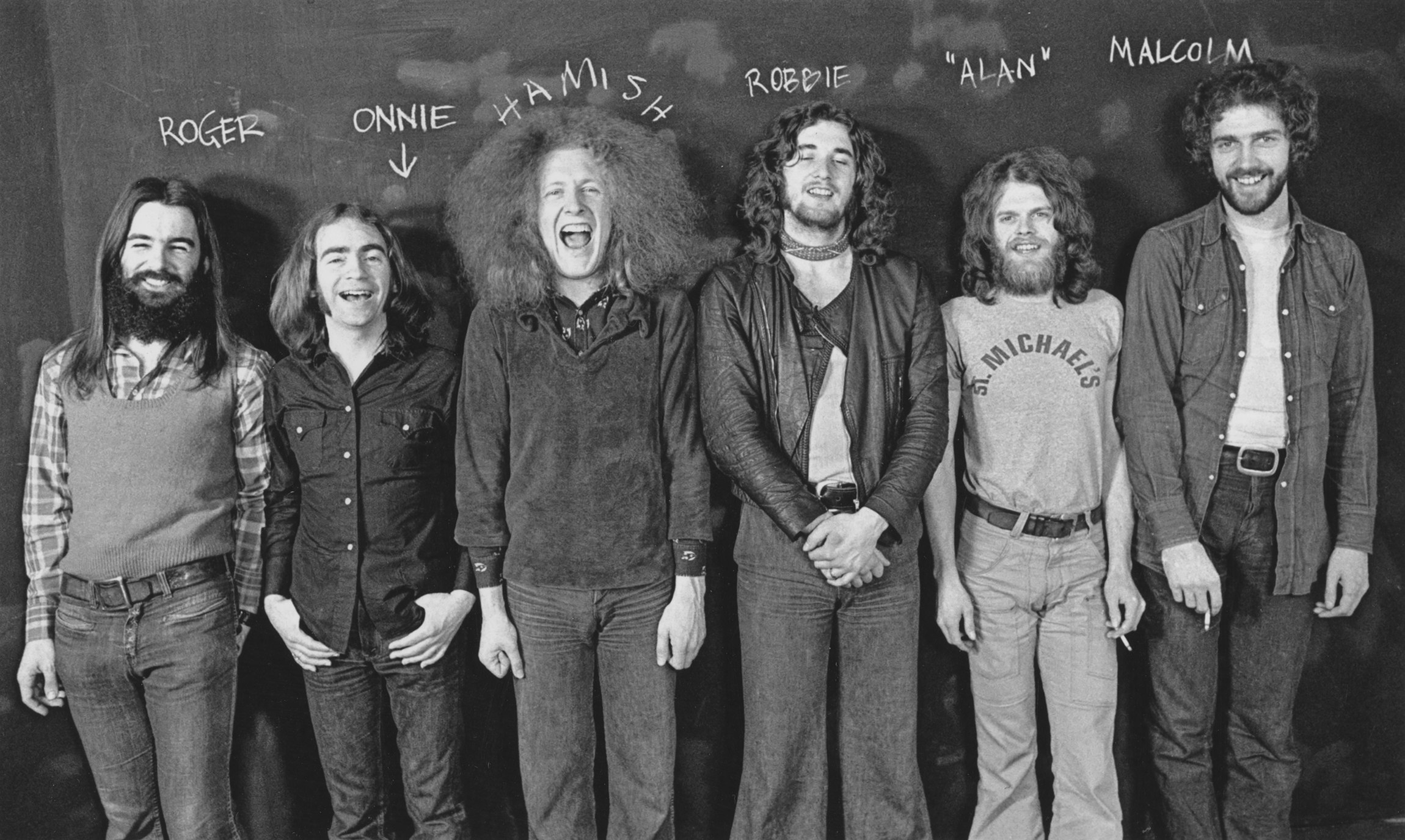 The Average White Band original lineup. Left to right: Robbie McIntosh, Malcolm Duncan, Roger Ball, Hamish Stuart, Onnie McIntyre, and Alan Gorrie.